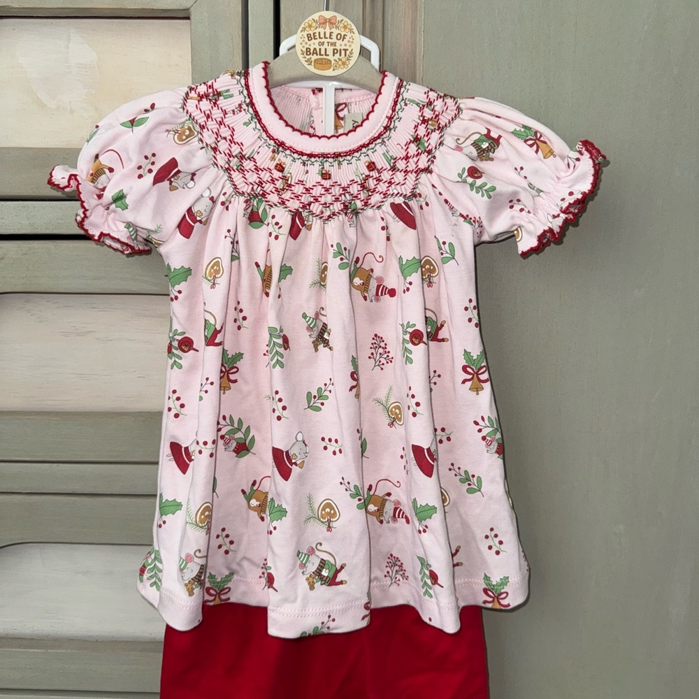 Pink Smocked Dress with Red and Green Accents